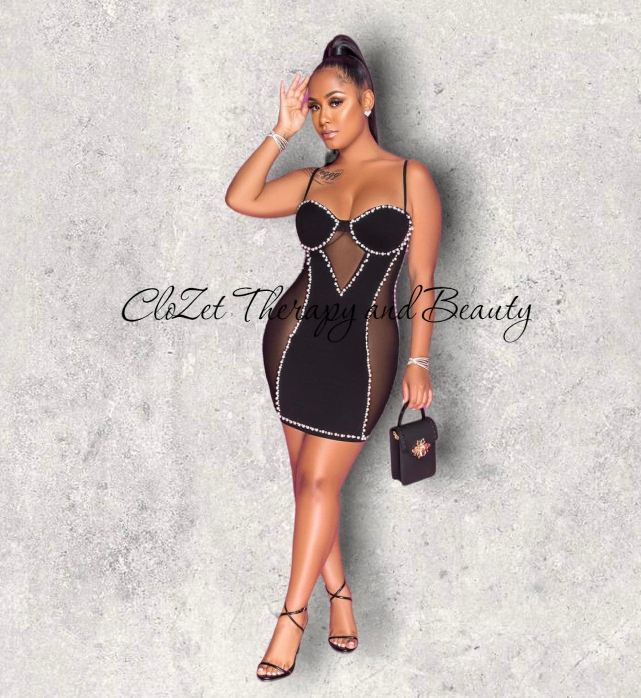 Dimitri Pearl Rhinestones Mesh Mini Dress image 1