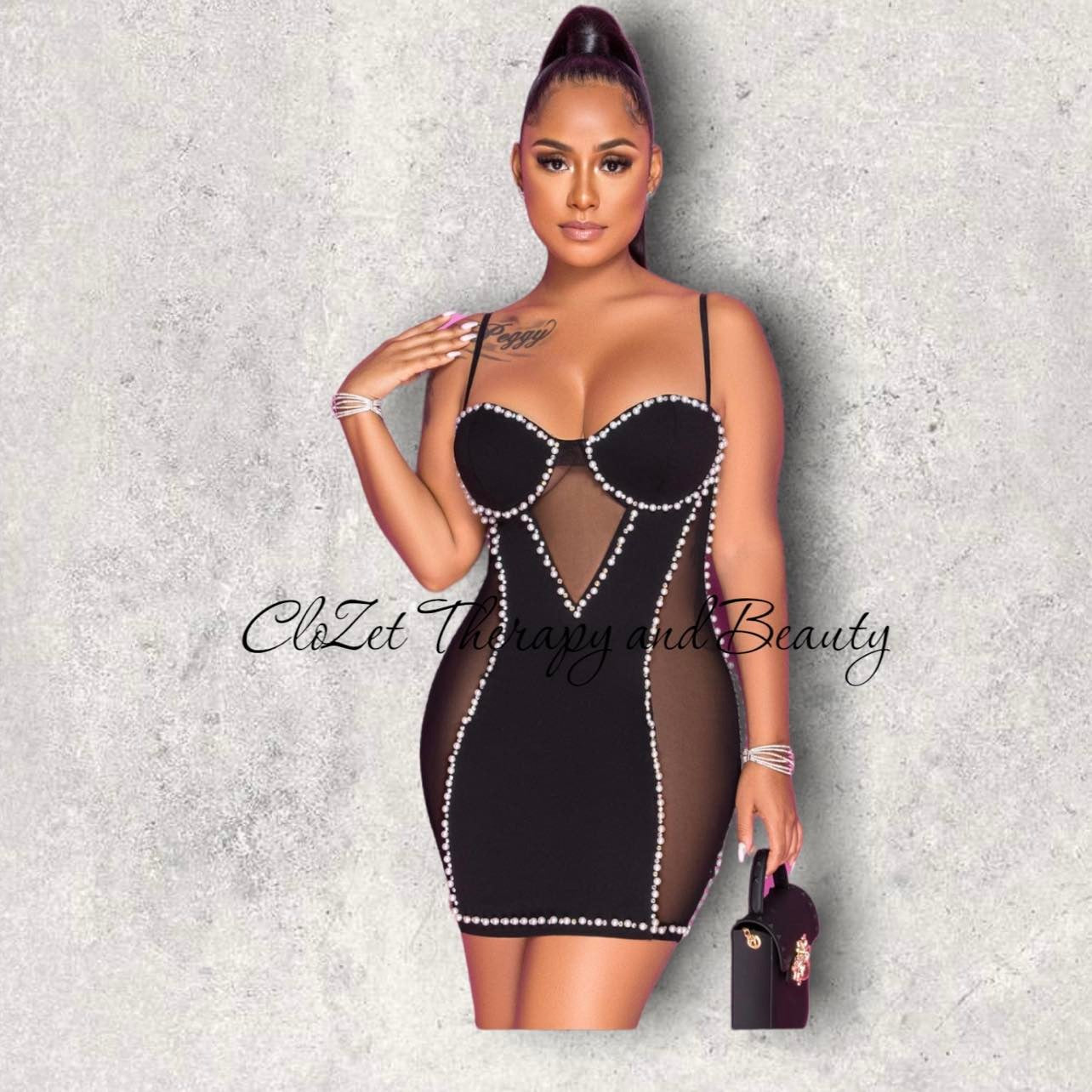 Dimitri Pearl Rhinestones Mesh Mini Dress image 0