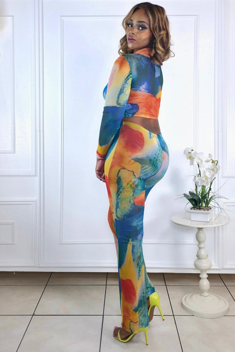 Maisha Orange Turquoise Tie-Dye Mesh Top & Pants Set