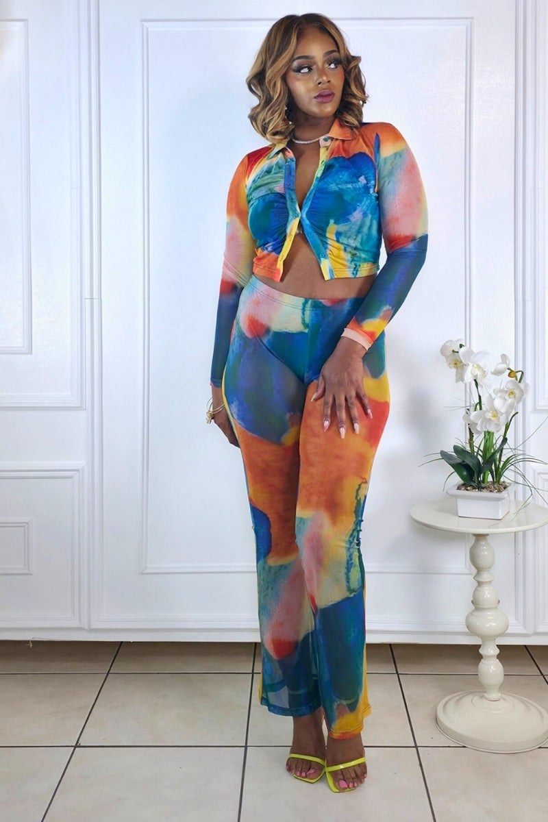 Maisha Orange Turquoise Tie-Dye Mesh Top & Pants Set