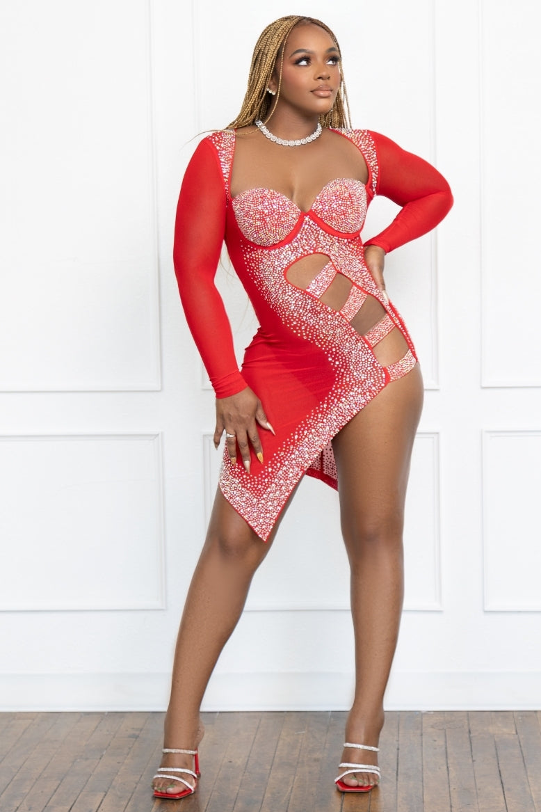 Women Rhinestone Mesh Cut Out Dress - Red